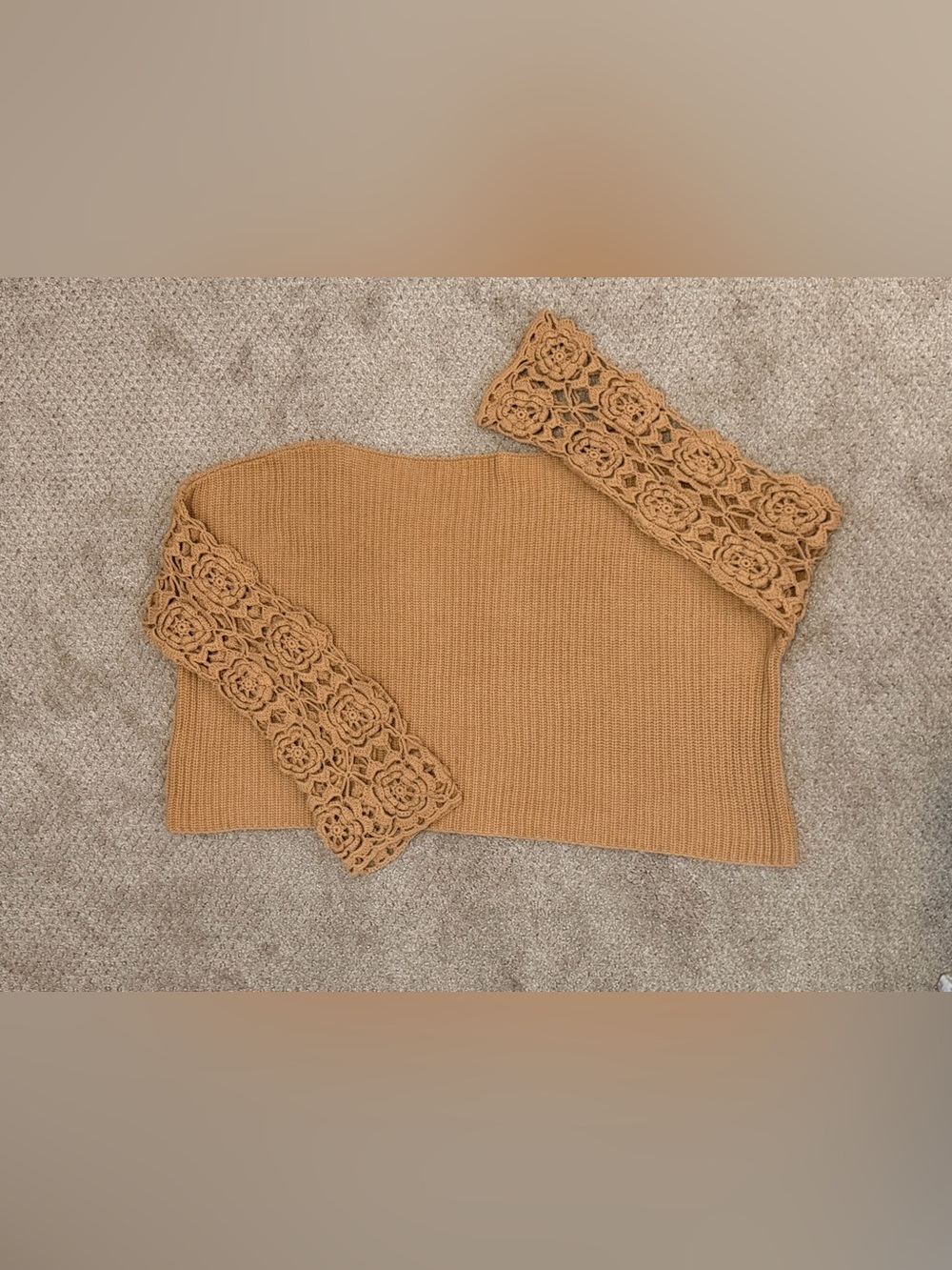Altar'd State Crochet Floral Sleeve Crewneck Sweater - Camel - Picture 2 of 5